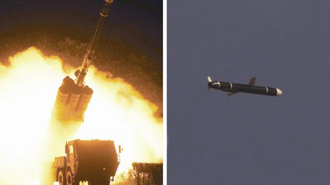 Diese von Nordkorea veröffentlichten Fotos sollen einen Marschflugkörper zeigen, der von einer Abschussrampe abgefeuert wird