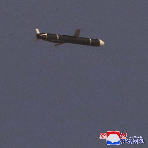 Diese von Nordkorea veröffentlichten Fotos sollen einen Marschflugkörper zeigen, der von einer Abschussrampe abgefeuert wird
