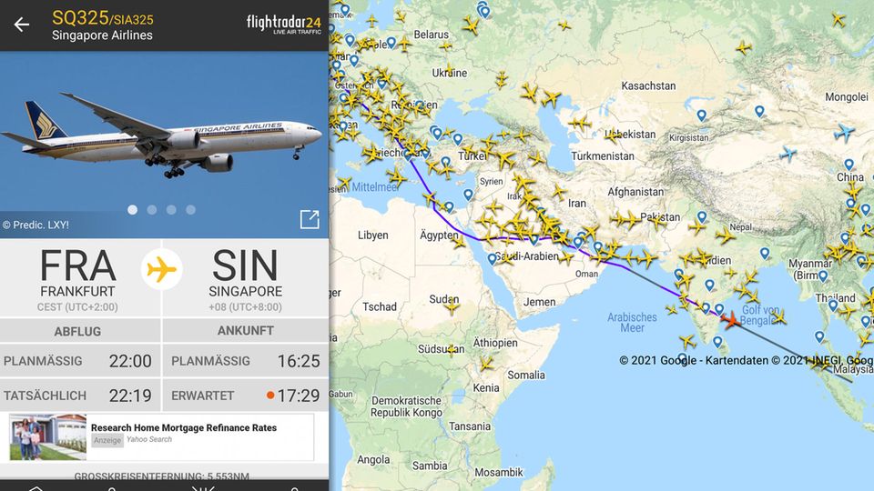 Vaccinated Travel Lane: Der Flug SQ325 fliegt auf Nummer sicher und meidet den Überflug von Iran und Afghanistan. Der Umweg über Ägypten und Saudi-Arabien führt zu einer Verspätung von ungefähr einer Stunde. Der Flug SQ325 fliegt auf Nummer sicher und meidet den Überflug von Iran und Afghanistan. Der Umweg über Ägypten und Saudi-Arabien führt zu einer Verspätung von ungefähr einer Stunde.
