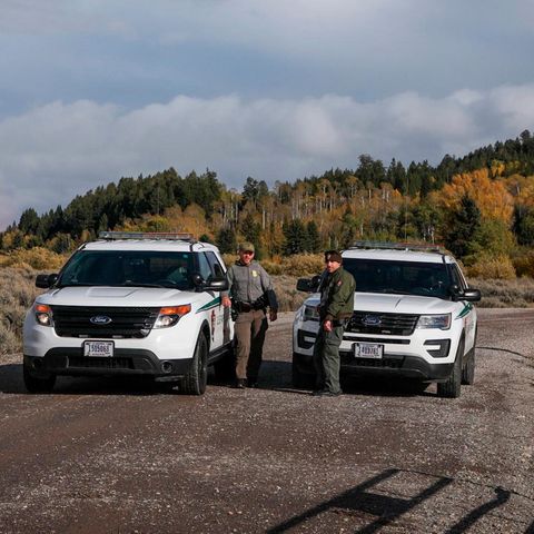 Beamte der U.S. Park Ranger blockieren den Zugang für Fahrzeuge im Spread Creek Gebiet des Bridger-Teton National Forest östlich des Grand Teton National Park am U.S. Highway 89, in Wyoming. Dort wurde eine Leiche gefunden