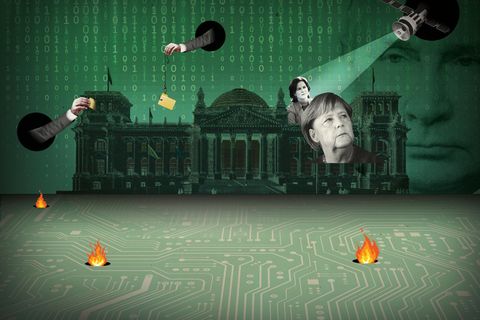 Stern Illustration zum Thema Cyberkriminalität für Heft 39/21Fotos: Adobe Stock(5); AFP; ddp(2)