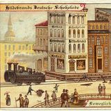 Ein Häuserblock wird von einer Dampflok gezogen