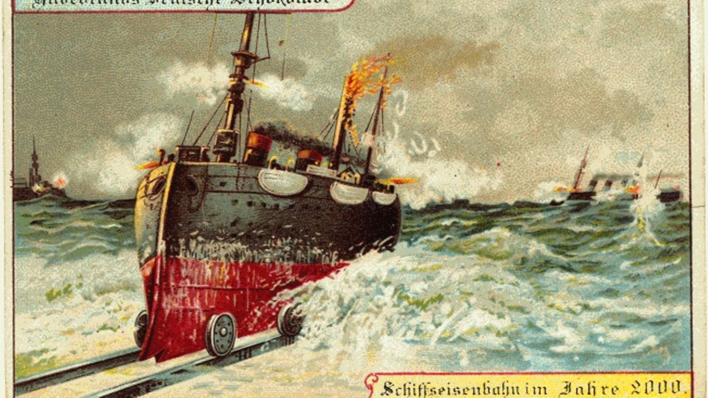 Schiffseisenbahn Eine Schiffseisenbahn fährt auf Schienen aus dem Meer