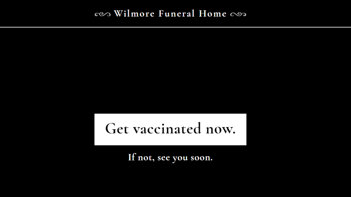 Auf der Website des unechten Bestatters ist zu lesen: "Lass dich jetzt impfen. Wenn nicht, sehen wir uns bald"