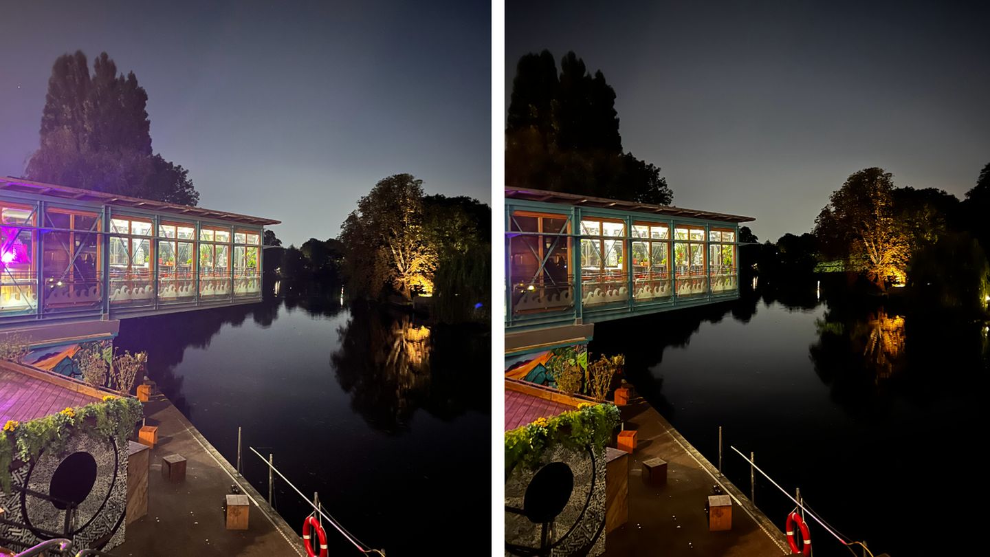 Smartphone-Test: Diese Kombination aus Gegenlicht, sehr dunklen Stellen und vielen Details an der nächtlichen Hamburger Alster überfordern das iPhone 13 dann doch. Beim iPhone 13 Pro Max (rechts) ist das Bild trotzdem gelungen