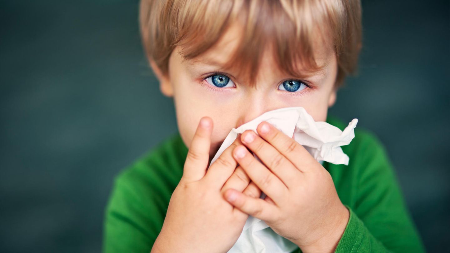 Erkältungen Atemwegsinfekte Kinder: Ein Kleinkind benutzt ein Taschentuch