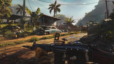 Eine Szene aus Far Cry 6 mit einer Sandpiste und Palmen