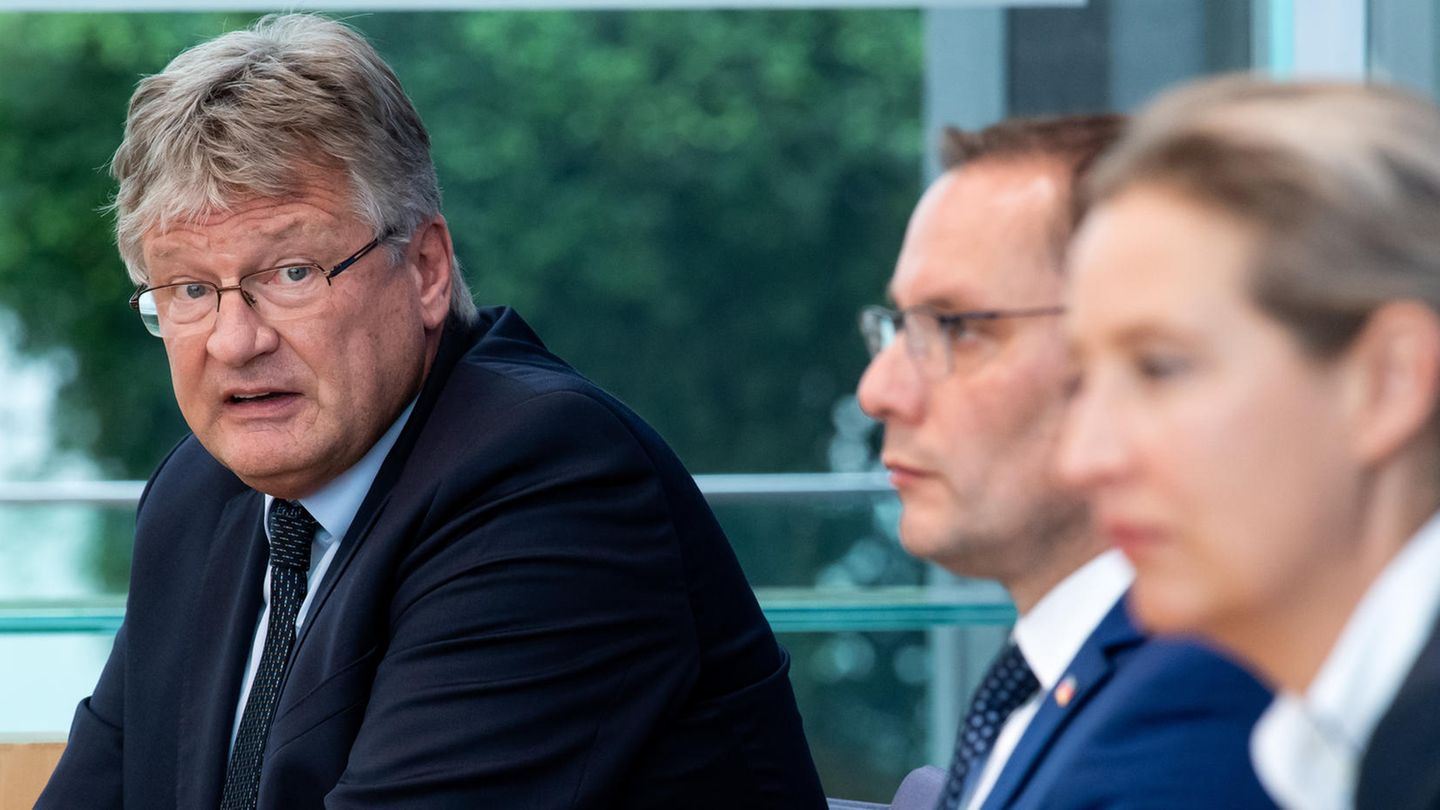 Von links: AfD-Bundessprecher Jörg Meuthen und die AfD-Spitzenkandidaten bei der Bundestagswahl, Tino Chrupalla und Alice Weidel