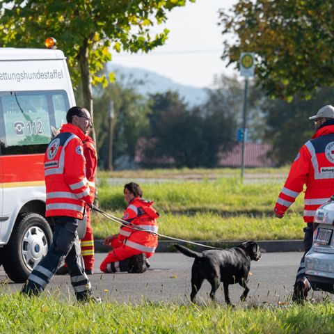 Bayern, Furth im Wald: Einsatzkräfte mit einem Suchhund stehen auf einem Parkplatz an der deutsch-tschechischen Grenze