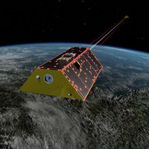 Das Satellitenpärchen der Mission "Grace FO" synchronisiert sich im Orbit mit Laserstrahlen