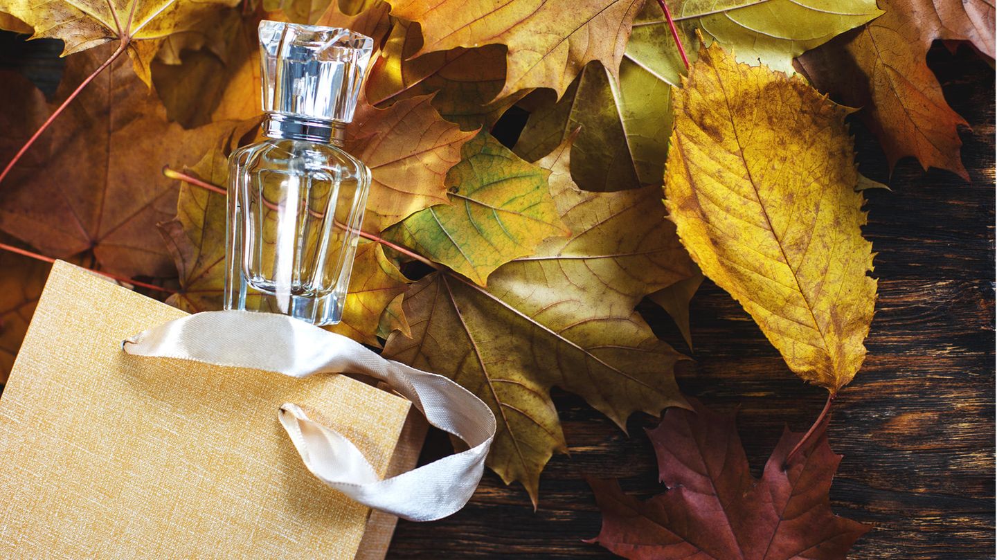 Parfum-Flakon liegt zwischen Herbstlaub