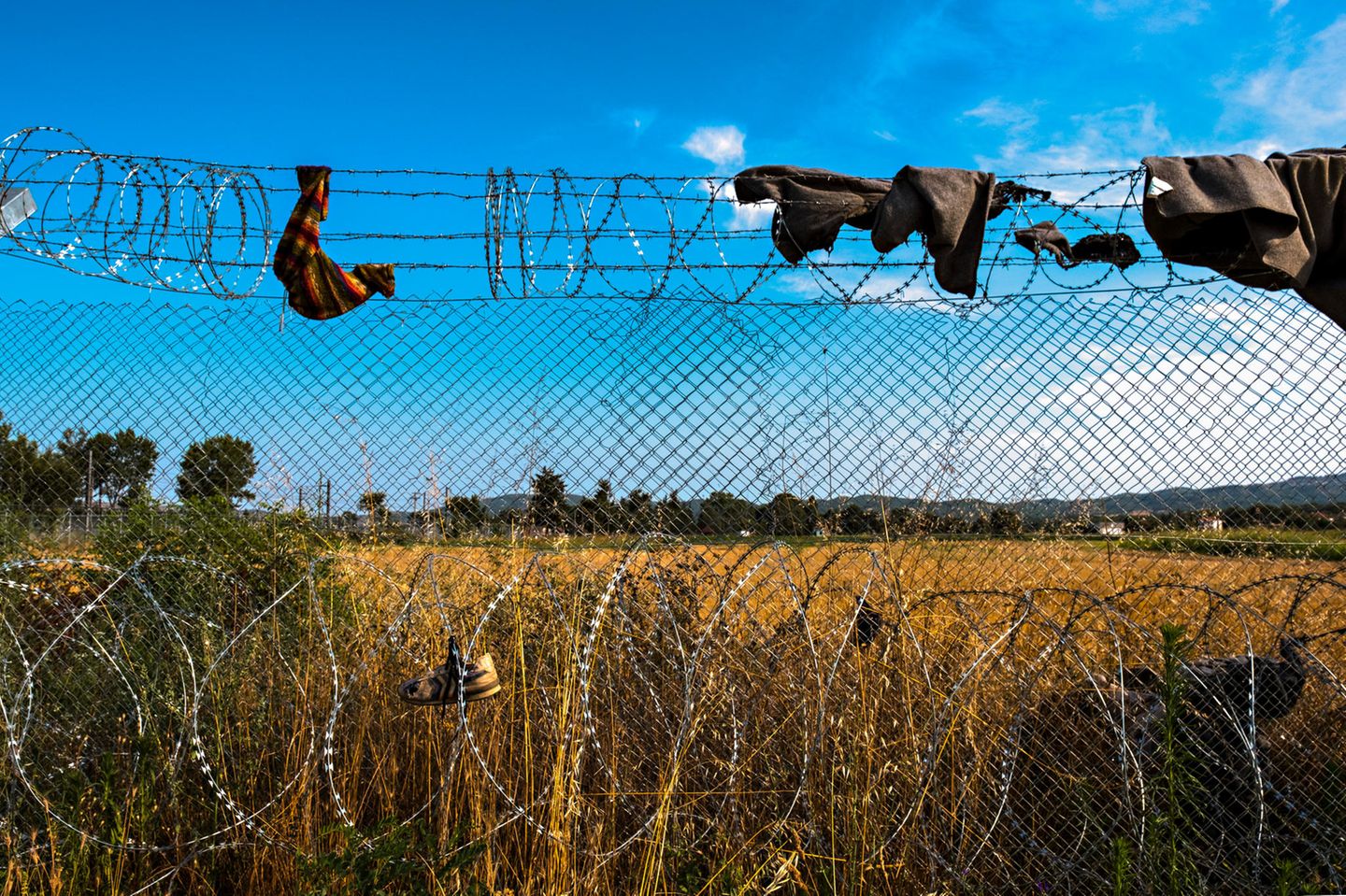 Bei Gevgelija, Nordmazedonien, 2016: Kleidungsstücke im Stacheldraht an der Grenze, die Nordmazedonien und Griechenland trennt. Flüchtlinge binden sie sich um Hände und Füße, um sich beim Überwinden des Zauns nicht zu verletzten.