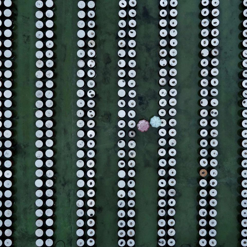 Zwei Besucher spazieren zwischen Sojasaucenbehältern in einer Gurkenfabrik.