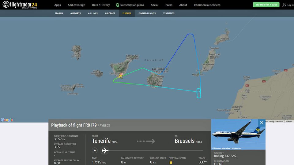 Kanaren: Der Flugverlauf von FR 8179 von Ryanair am 11. Oktober von Teneriffa nach Brüssel Der Flugverlauf von FR 8179 von Ryanair am 11. Oktober von Teneriffa nach Brüssel