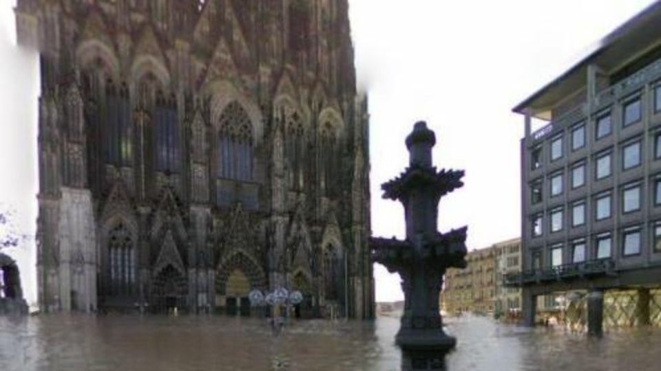 Künstliche Darstellung des Kölner Domds bei einer Überschwemmung