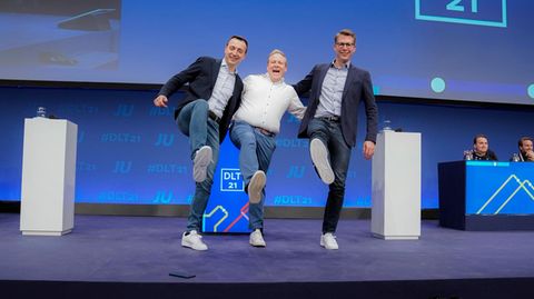 Tilman Kuban (M.), Bundesvorsitzender der Jungen Union, CDU-Generalsekretär Paul Ziemiak und CSU-Generalsekretär Markus Blume