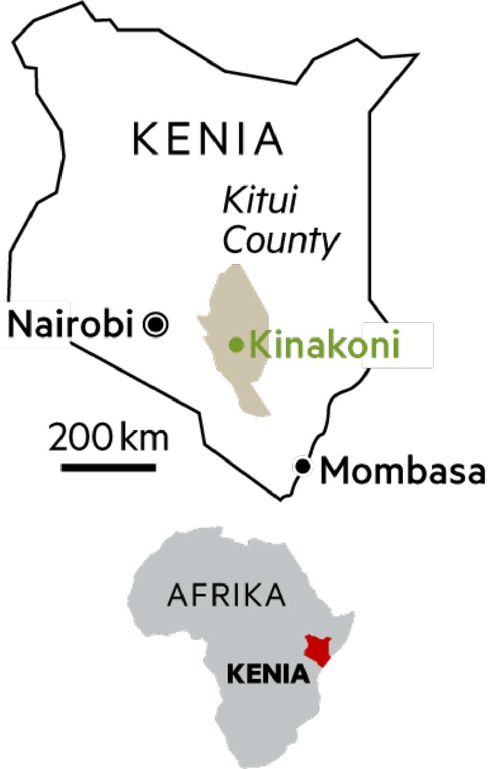 Kinakoni liegt etwa 250 Kilometer südöstlich von Kenias Hauptstadt Nairobi. Etwa 5000 Menschen leben hier