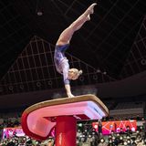 Die Russin Angelina Melnikowa tritt bei der Mannschaftsqualifikation der Frauen während der Weltmeisterschaften im Kunstturnen im japanischen Kitakyushu an.