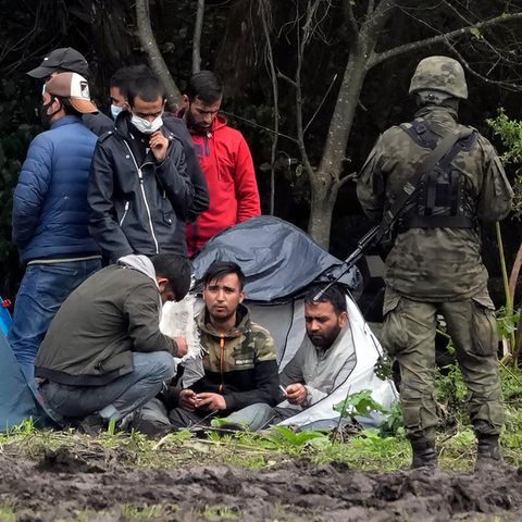 Polnische Sicherheitskräfte umringen Migranten, die an der Grenze zu Weißrussland festsitzen