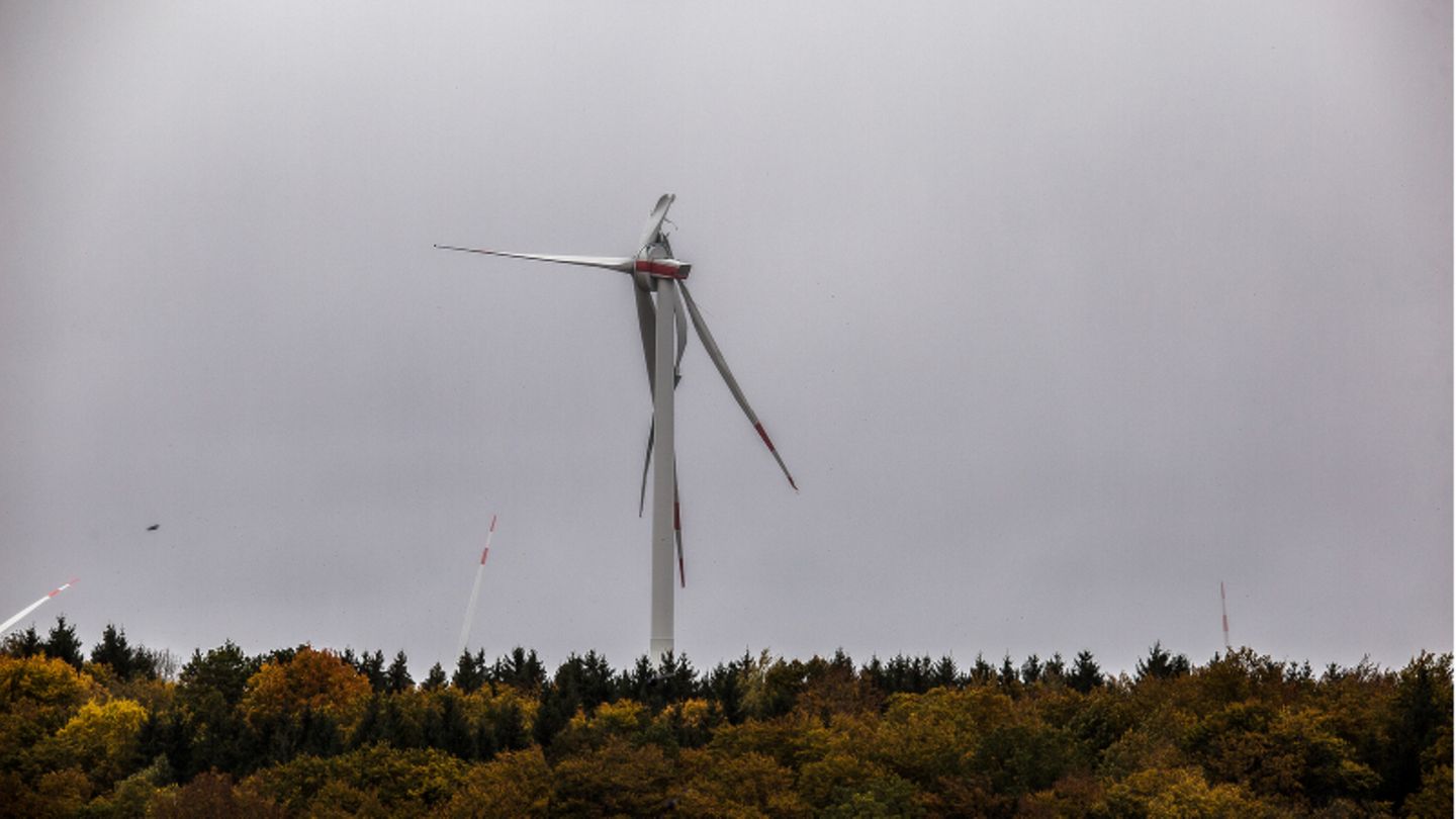 Mit abgerissenen Flügeln ist ein Windrad in einem Waldstück zu sehen