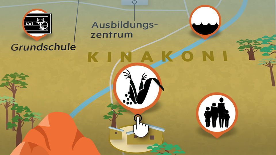 Anklickbare Symbol-Icons erklären in einer Karte das Dorf Kinakoni und erzählen die Geschichte seiner Bewohner