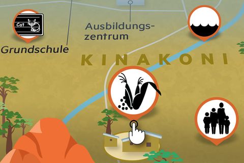 Anklickbare Symbol-Icons erklären in einer Karte das Dorf Kinakoni und erzählen die Geschichte seiner Bewohner