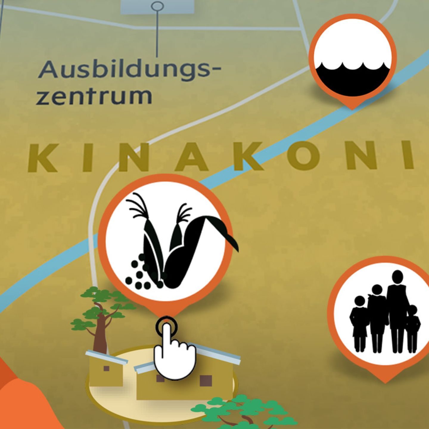 Anklickbare Symbol-Icons erklären in einer Karte das Dorf Kinakoni und erzählen die Geschichte seiner Bewohner