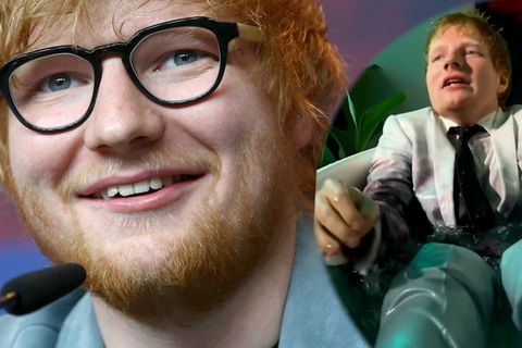 Montage: Der Sänger Ed Sheeran lächelt auf der linken Seite in die Kamera auf der rechten sitzt er in Eiswanne.