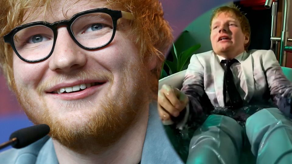 Montage: Der Sänger Ed Sheeran lächelt auf der linken Seite in die Kamera auf der rechten sitzt er in Eiswanne.