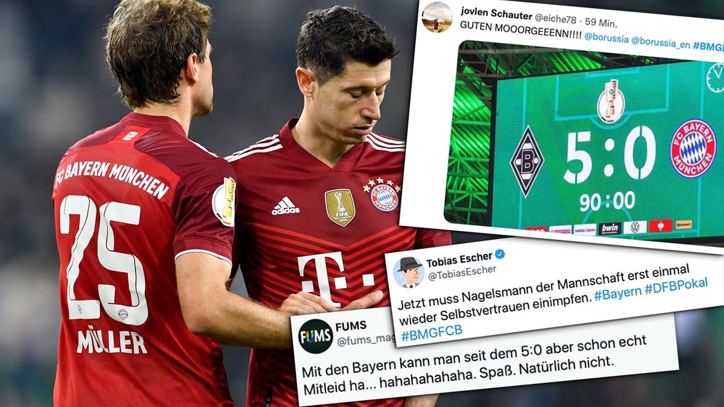 Bayern München DFB-Pokal Borussia Mönchengladbach Bayern Münchens Thomas Müller und Münchens Robert Lewandowski reagieren niedergeschlagen nach 5:0-Pleite