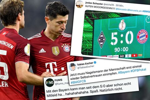 FC Bayern Münchens Thomas Müller und Robert Lewandowski reagieren niedergeschlagen nach 5:0-Pleite