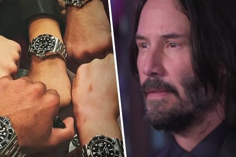 Montage: Links fünf Hände mit silbernen Uhren , rechts Keanu Reeves.