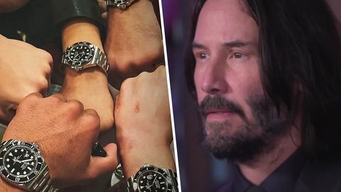 Montage: Links fünf Hände mit silbernen Uhren , rechts Keanu Reeves.