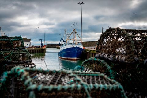 Ein Fischerboot liegt im Hafen von Kilkeel.