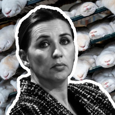 Vorne: Mette Frederiksen. Im Hintergrund: getötete Nerze liegen auf Gittern