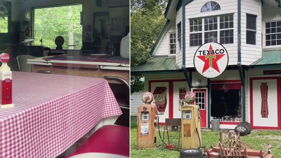 Alte Zapfsäulen und Tische : Verlassener Ort? Nutzer rätseln über seltsames 50er-Jahre-Diner in der Wildnis