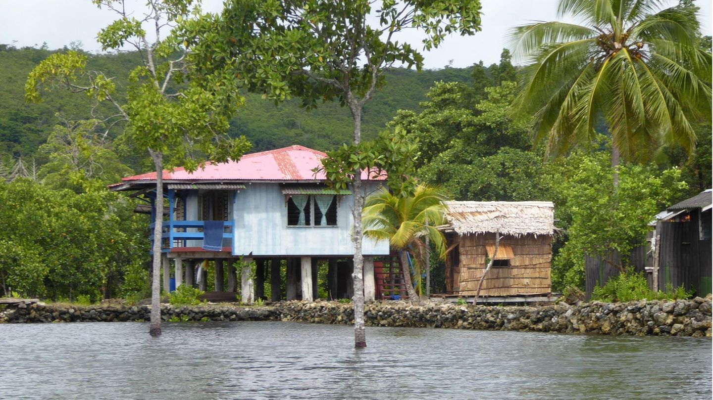 Solomon-Inseln  Es sieht undramatisch aus, doch die Bäume in der Langa Langa Lagune zeigen an, wo einmal Strand war. Die beiden Archipele im Indischen Ozean werden seit Jahren Stück für Stück vom Meer "aufgefressen". So wie dieses Haus werden mehr und mehr bewohnbare Gebiete in absehbarer Zeit verschwinden. Überall auf den Sinking Islands besteht zudem die Gefahr, dass Salzwasser in Trinkwasser-Reservoris eindringt und diese unbrauchbar machen. Die Solomon-Inseln gelten ebenfalls als Inseln, die vollkommen vom steigenden Meer überspült werden könnten. 800.000 Bewohner würden zu Klimaflüchtlingen.