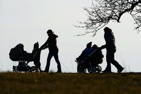 Zwei Frauen schieben ihre Kinderwagen eine Landstraße entlang