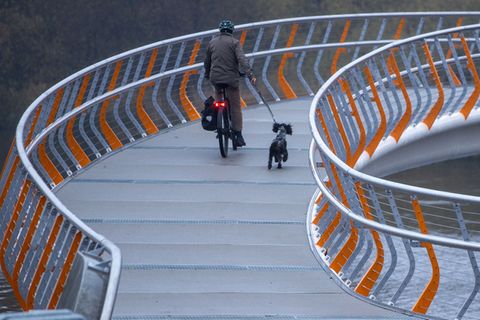 Ein Mann radelt mit seinem Hund über die im September 2021 eröffnete neue Fahrradbrücke in Mecklenburg-Vorpommern.