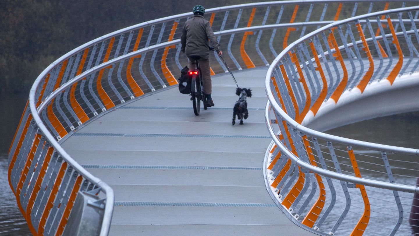 Ein Mann radelt mit seinem Hund über die im September 2021 eröffnete neue Fahrradbrücke in Mecklenburg-Vorpommern.