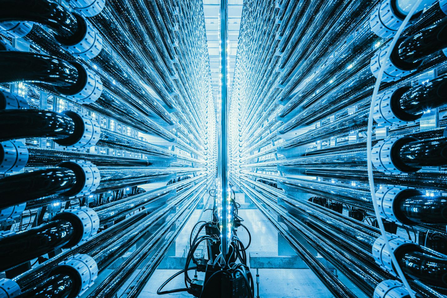 "Sustainable Cities": Simone Tramonte In dieser Kategorie werden keine Fotografien unserer natürlichen Umwelt gezeigt. Vielmehr geht es um die von Menschen erbaute Umwelt, welche Natur, Gesellschaft und Infrastruktur miteinander verbindet. Es werden besonders intelligente Lösungen gezeigt, wie auch der von Simone Tramonte aufgenommene Photobioreaktor. Der Bioreaktor gehört dem isländischen Unternehmen "Algalif", welches nachhaltige Astaxanthin-Produkte aus Mikroalgen herstellt.
