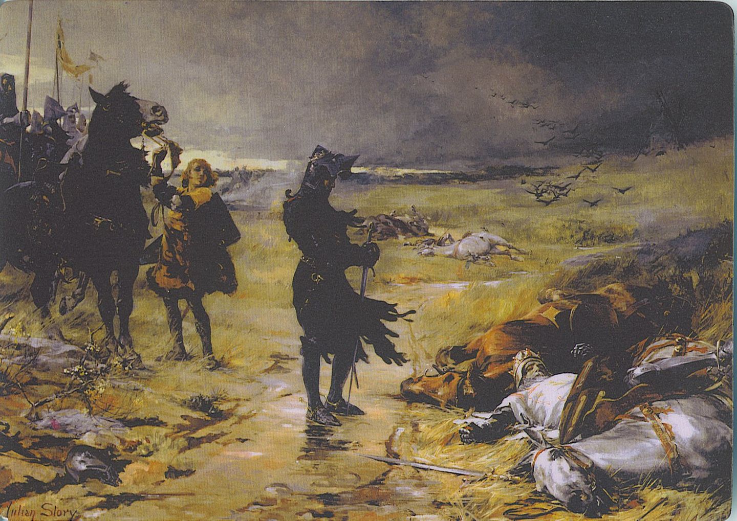 Der Schwarze Prinz entdeckt den Leichnam des blinden Königs von Böhmen auf dem Feld von Crecy.