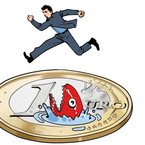Illustration zeigt einen Mann, der über einen Euro springt, der als Piranha-Becken dargestellt ist.