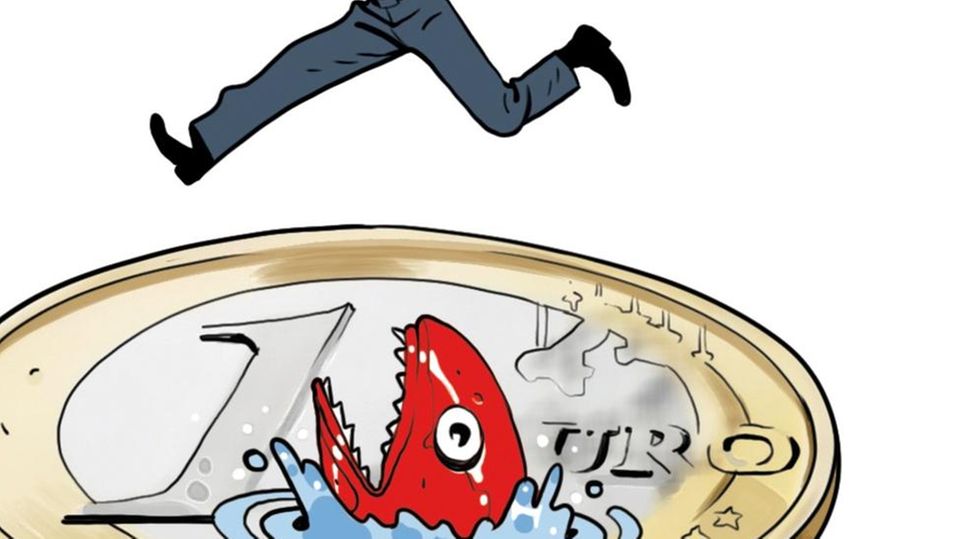 Illustration zeigt einen Mann, der über einen Euro springt, der als Piranha-Becken dargestellt ist.