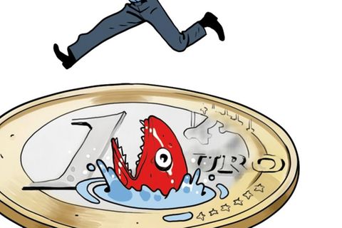 Illustration zeigt einen Mann, der über einen Euro springt, der als Piranha-Becken dargestellt ist.