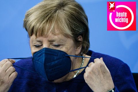 Angela Merkel mit Maske und heute-wichtig-Logo