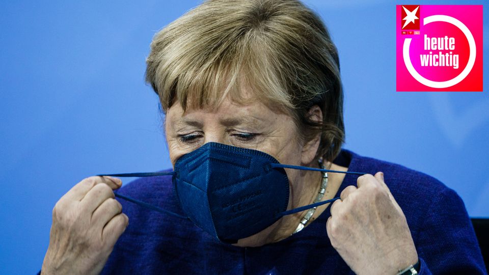 Angela Merkel mit Maske und heute-wichtig-Logo