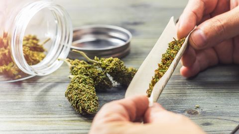 Mann dreht sich einen Joint mit Cannabis aus einem Grinder