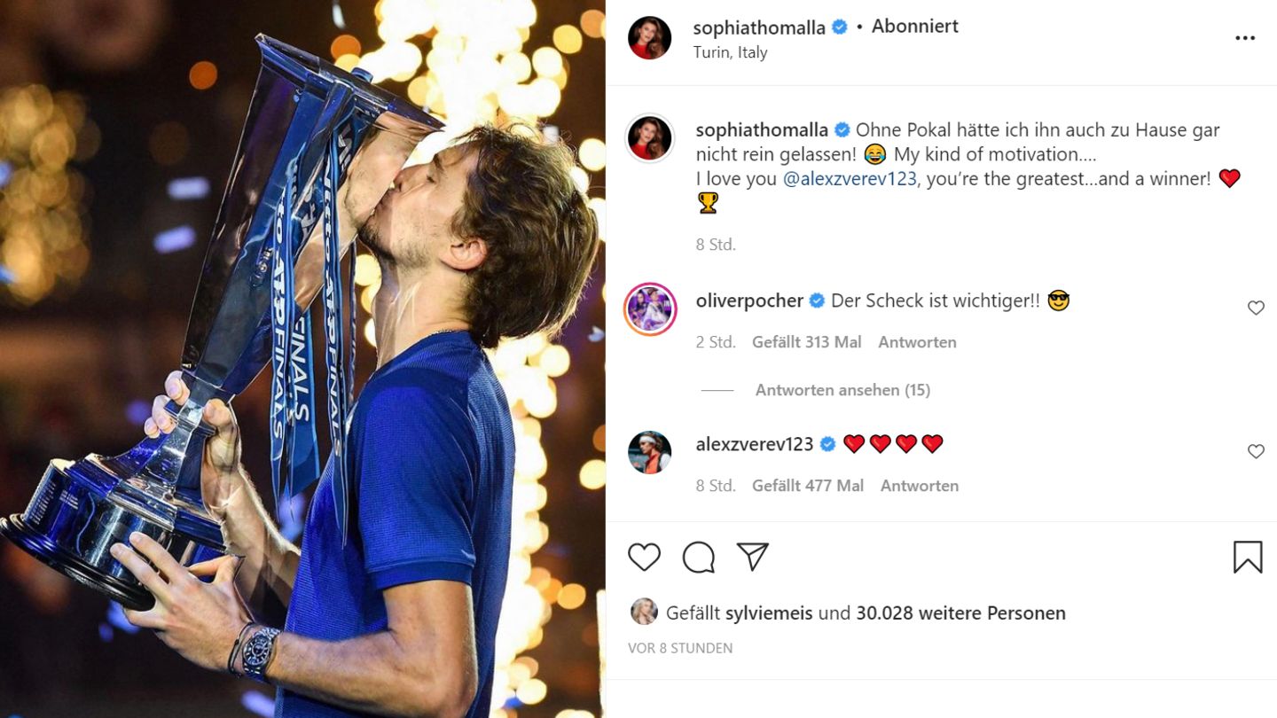 Leute von heute: "Ohne Pokal hätte ich ihn nicht reingelassen": Sophia Thomalla gratuliert Zverev