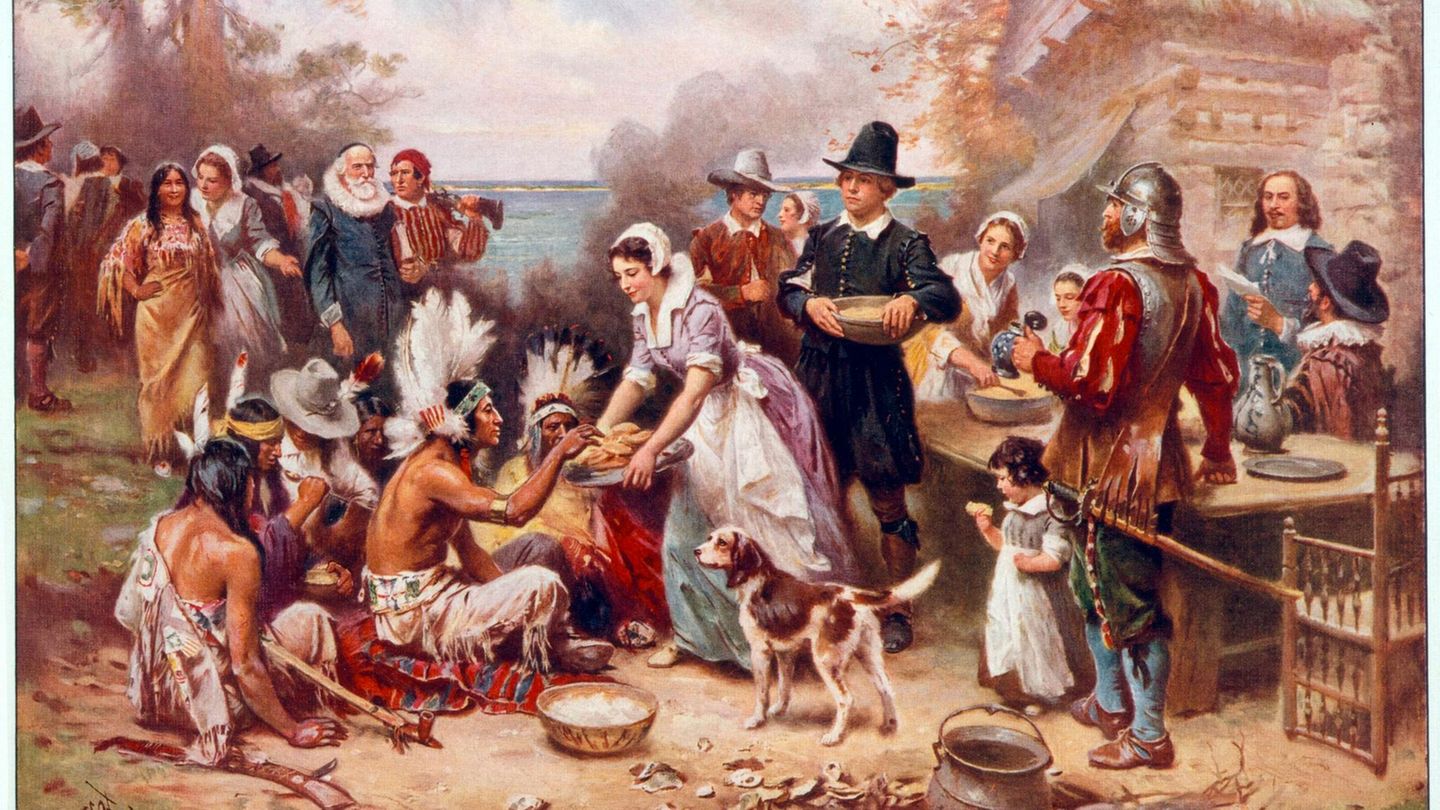 Die dunklen Seiten von Thanksgiving Historischer Stich der Ankunft der Pilgerväter